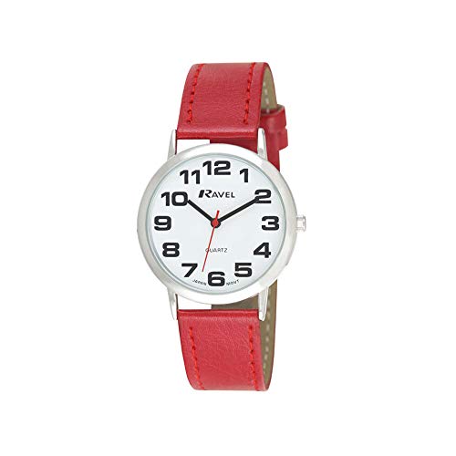 Ravel - Unisex - Armbanduhr mit großen Ziffern - Rot/silbernes...