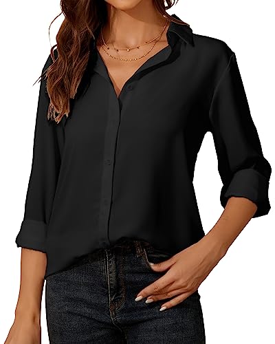 Damen Button-Down Shirts Langarm Kragen Tops Lady Work Office...