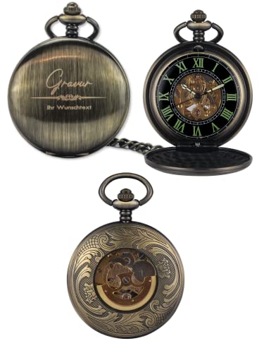 HOLZZEUG Taschenuhr mit Gravur in Bronze mit sichtbarem Uhrwerk...