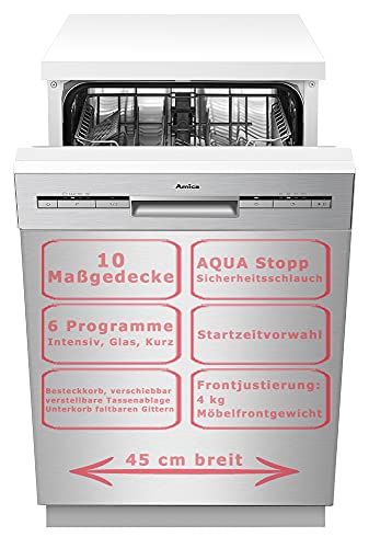 Amica Einbau Geschirrspüler 45cm unterbaubar, Aqua Stopp, 10...