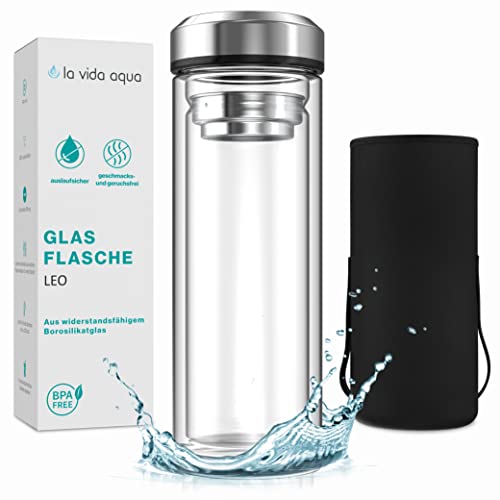 LA VIDA AQUA® Glasflasche LEO (650ml) - Teeflasche mit Sieb für...