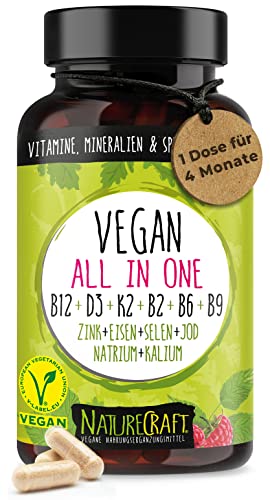 Vegan All-in-One - Vitamin B12+D3+K2+B2+B6+B9 Folsäure + Zink +...
