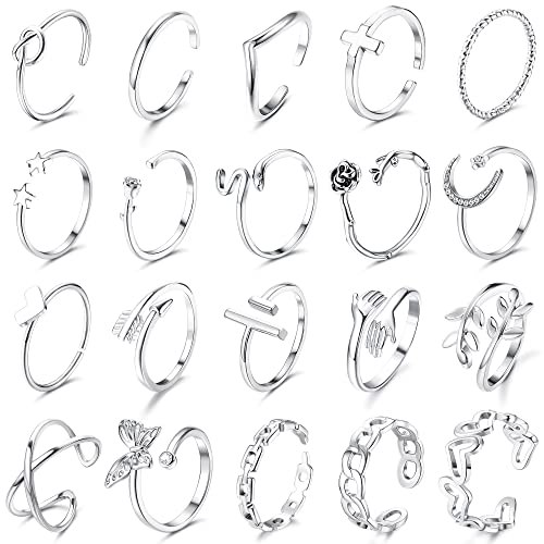 CASSIECA 20 Stücke Silber Ringe Set Verstellbare Finger Ringe...