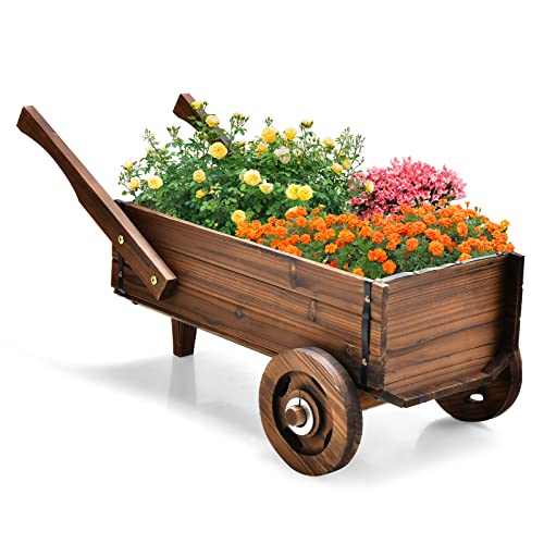 COSTWAY Blumenwagen Holz, Pflanzwagen mit Rädern und Griffen,...