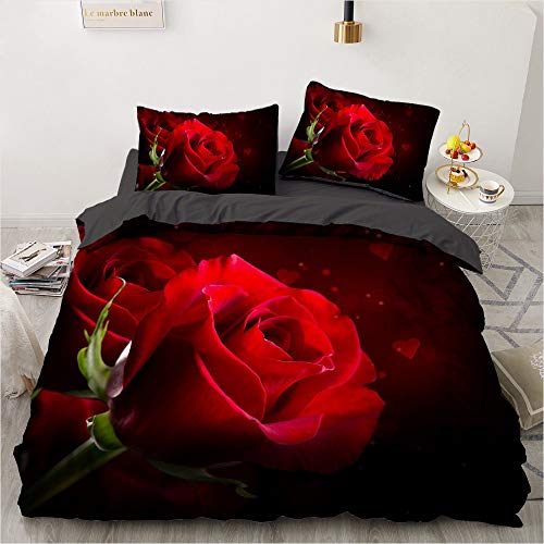 Luowei Bettwäsche 135x200cm Rote Rose Blumen Muster Bettbezug...